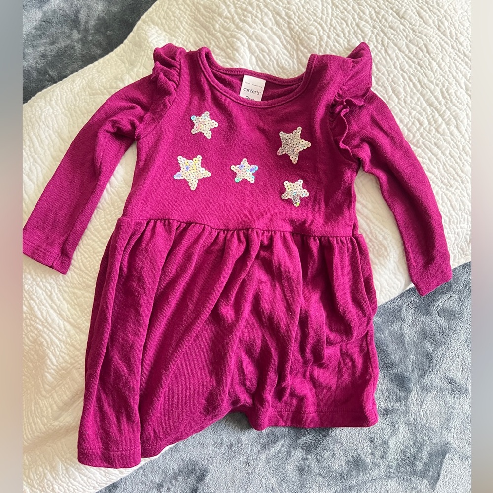 Carters 9m Fushia Toddler Long Sleeve Viscose Dress Top with Sequin Star Accents